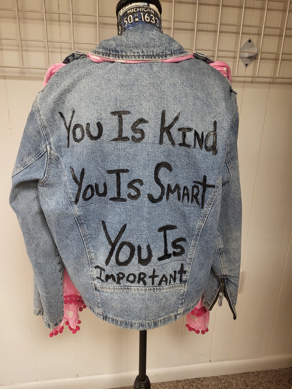 Upcycled Vici Light Wash Denim Jacket with Movie Statement, Small Runs Large